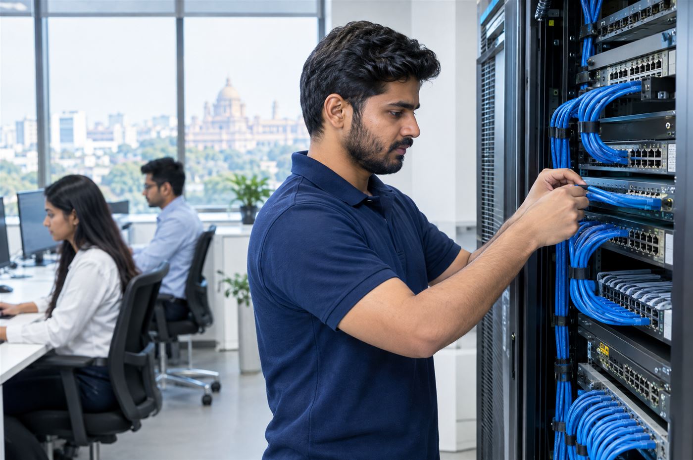Technician configuring a network rack in a Delhi office