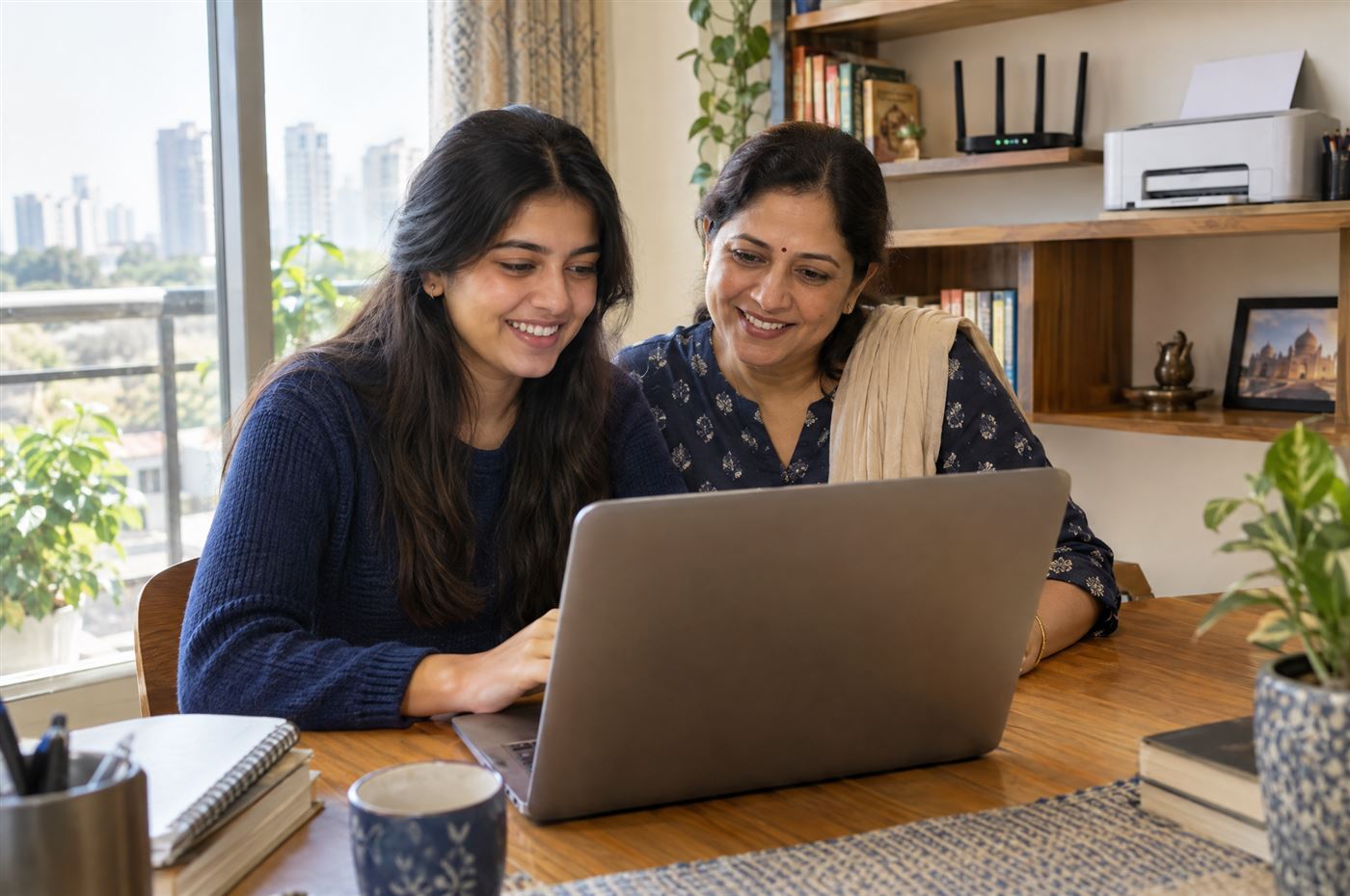 Mother and daughter using a laptop at home
