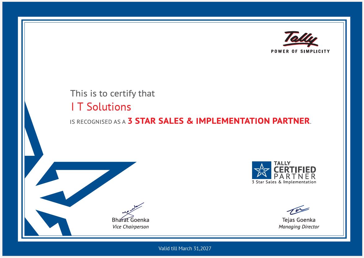 Tally certificate recognising I T Solutions as a 3 Star Sales and Implementation Partner, valid till March 31, 2027